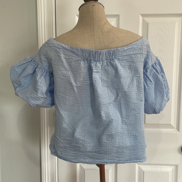 H&M blouse off the shoulder puff sleeves top textured cotton blue womens size 12 - Picture 6 of 9